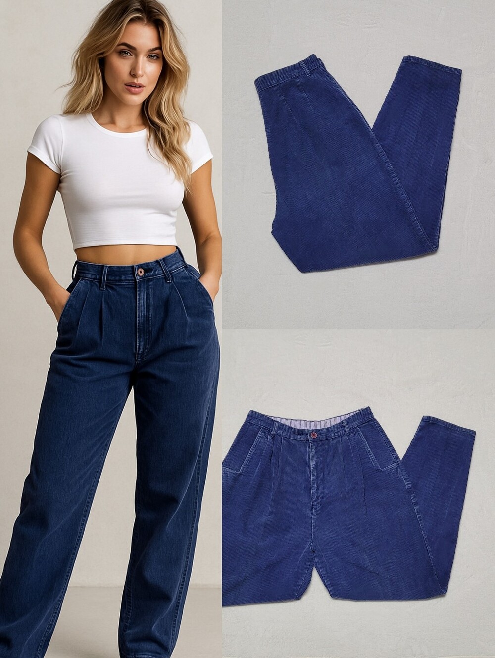 Radishes & Roses  Vintage 90s Faded Blue Corduroy Pleated Tapered Ribcage Pants
